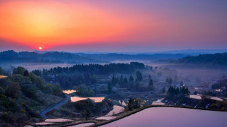 Sunset valley lake mountains fog - a lake and mountains free wallpaper