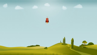 Red rocket green field trees - space art free wallpaper