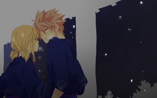 Snowy anime couple fireflies kimono - a building in the background free wallpaper for desktop