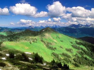 Green mountain trees clouds horizon - a green mountain free wallpaper