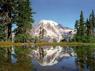 Mountain reflection lake trees grass 6 - a clear blue sky in the background free wallpaper