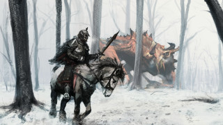 Man horse dinosaur forest snow - fantasy concept art free wallpaper