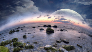 Planet mountains ocean moon clouds - rock and water free wallpaper