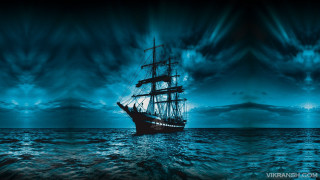 Ship sailing ocean night sky - sense of depth free wallpaper for desktop