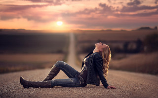 Woman sunset beach blonde derelict - the side of a road free wallpaper for desktop