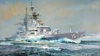 Battleship ocean sky clouds waves - a few wave free wallpaper