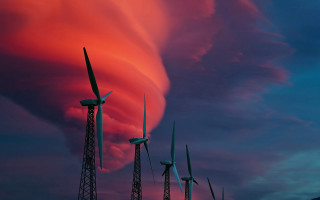 Wind turbines sunset pink red - colorful cloud free wallpaper