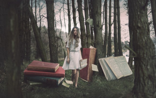 Woman woods books surreal magic - front of her free wallpaper