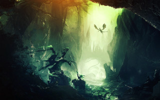 Forest light cave bird fantasy - a painting of a forest free wallpaper for desktop