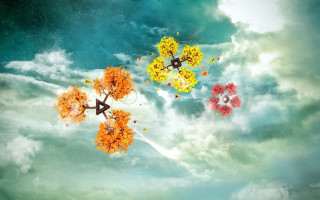 Colorful kites cloudy sky trees - a cloudy sky free wallpaper for desktop