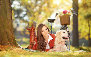 Woman dog autumn outdoors bokeh - autumn free wallpaper for desktop