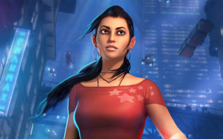 Woman red dress city night 3 - a cityscape in the background free wallpaper for desktop