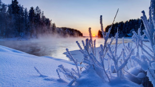 River forest sunset snow mountain - water and trees free wallpaper