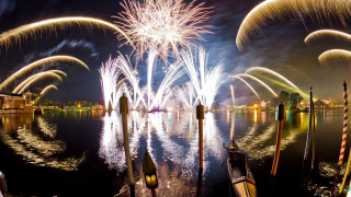 Fireworks lake bridge city night - disney free wallpaper