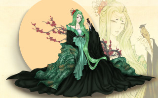 Green dress birds fullmoon ukiyo - her shoulder and a bird free wallpaper
