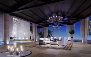 Living room chandelier couch pool 2 - a pool in the background free wallpaper
