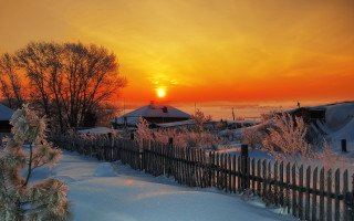 Snowy fence tree sunset house - field free wallpaper