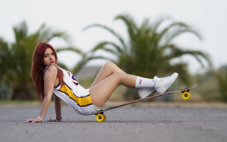 Redhaired woman skateboard outdoors photorealistic - a skateboard free wallpaper for desktop