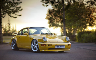 Yellow porsche sunset forest backlit - the side of the road free wallpaper for desktop