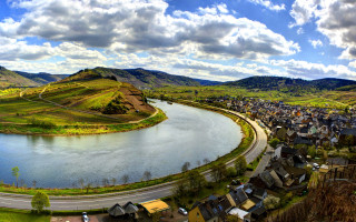 River countryside hillside bridge cityscape - hill free wallpaper
