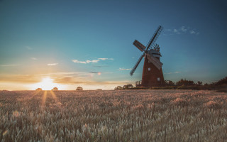 Windmill wheat field sunset tiltshift - bertram brooker free wallpaper