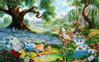 Fairy land pond tree people - storybook illustration free wallpaper