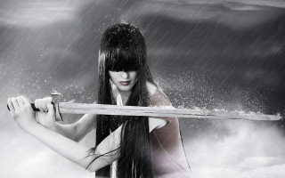Woman sword rain clouds fantasy - a sword in the rain free wallpaper