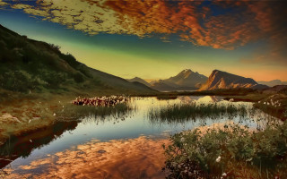 Mountain lake sunset clouds birds - a painting of a mountain lake free wallpaper