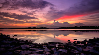 Sunset lake rocks water mountains - rock and water free wallpaper for desktop