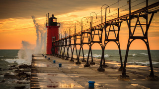 Red lighthouse pier ocean sunset - the ocean free wallpaper
