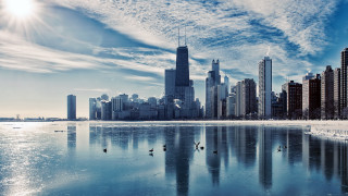 City skyline lake birds skyline - blue sky free wallpaper for desktop