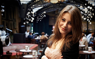 Woman smiling teddy bear cafe - free portrait wallpaper for desktop