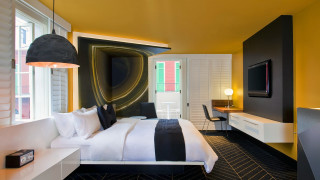 Bedroom geometric abstract art yellow - desk free wallpaper