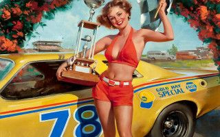 Woman trophy yellow car digital - a painting of a woman holding free wallpaper