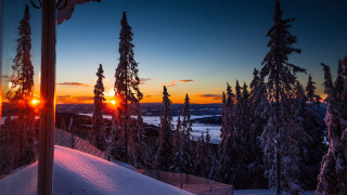 Sunset mountain snowy forest fence - artur grottger free wallpaper