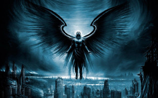 Man wings city skyline angel - large wing free wallpaper