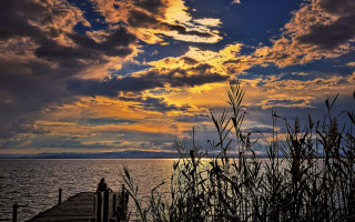 Sunset dock lake cityscape clouds - lake free wallpaper