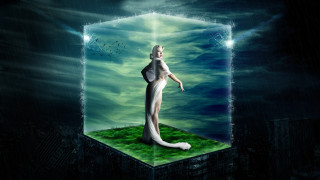 Woman doorway greenfield blueSky bird - surrealistic free wallpaper