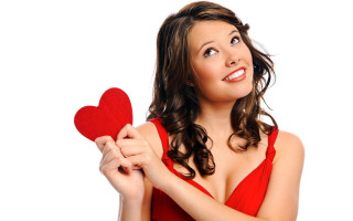 Woman red dress holding heart - a red heart free wallpaper
