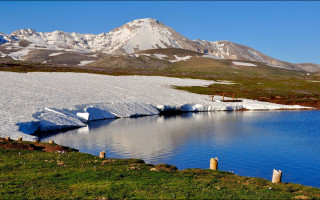 Lake mountains grassy field ecological - covered free wallpaper