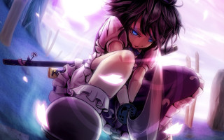 Gothic anime woman kneeling purple - a purple background behind her free wallpaper