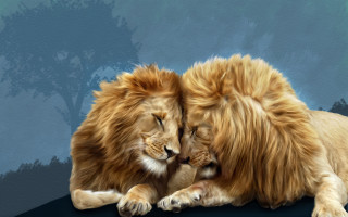 Lion couple digital painting forest - a digital painting free wallpaper