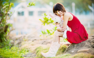 Red dress woman teddy park - a teddy bear free wallpaper for desktop