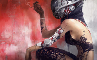 Afrofuturism cyberpunk tattooed woman smoking - her hand and a cigarette free wallpaper