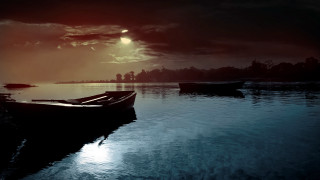 Boat sunset reflection mountain cloudy - atmospheric lighting free wallpaper