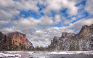 River snow mountains clouds trees - wide angle len free wallpaper