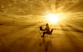 Beach sunset person sitting chair - global illumination free wallpaper