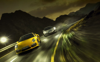 Cars mountains night lights motion - two car free wallpaper