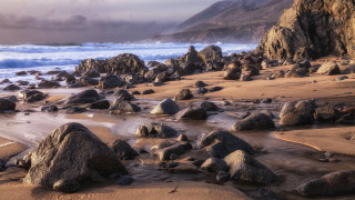 Beach rocks water mountain clouds 2 - rock and water free wallpaper