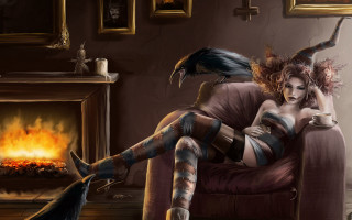 Gothic fantasy woman crow fireplace - a chair free wallpaper
